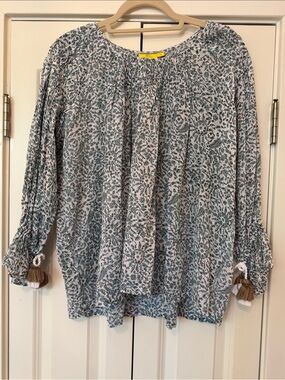 Roller Rabbit Blue Floral Peasant Blouse with Tassel Cuffs
